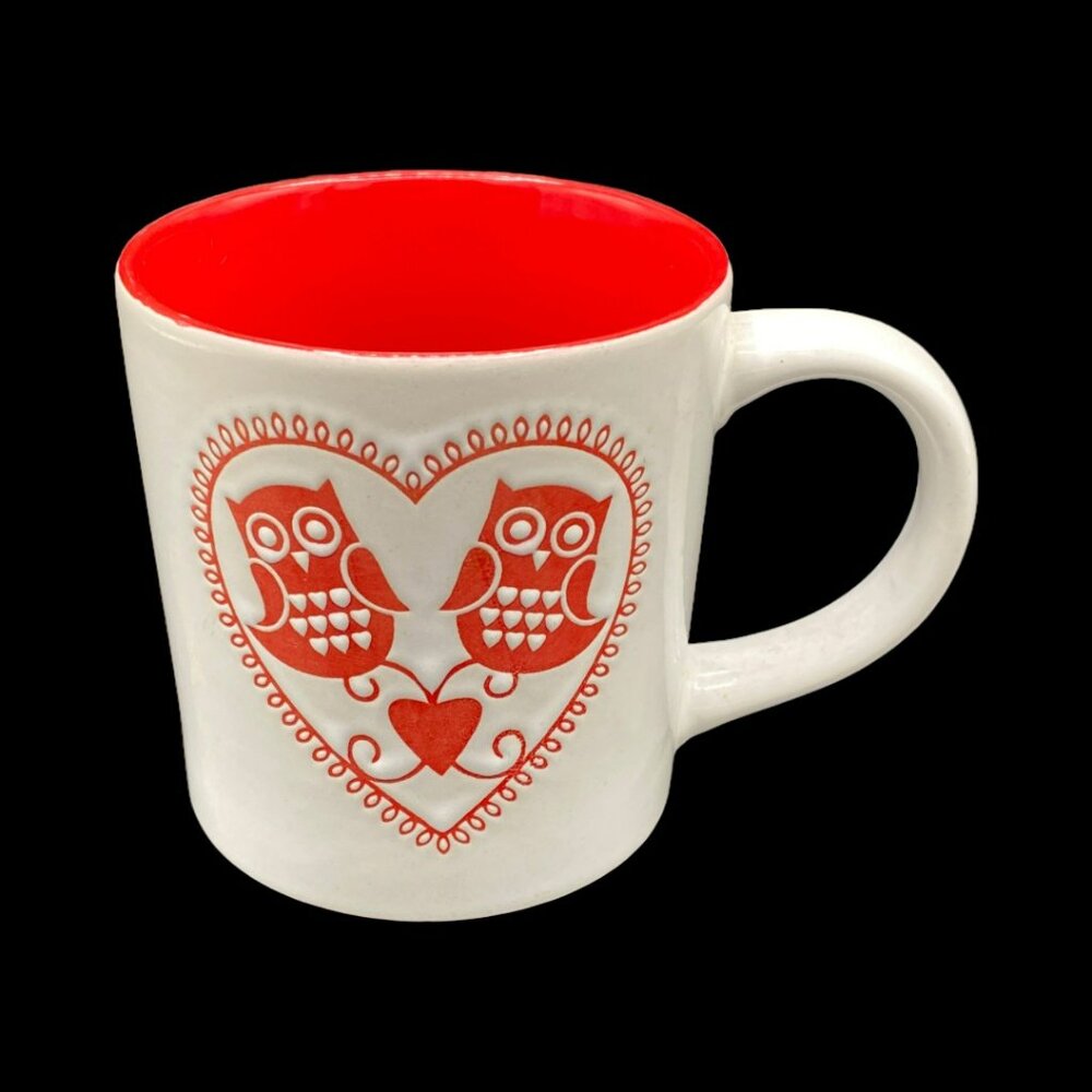 Home Essentials "Owls in Love" Embossed Red Hearts & Owls on White Ceramic Mug